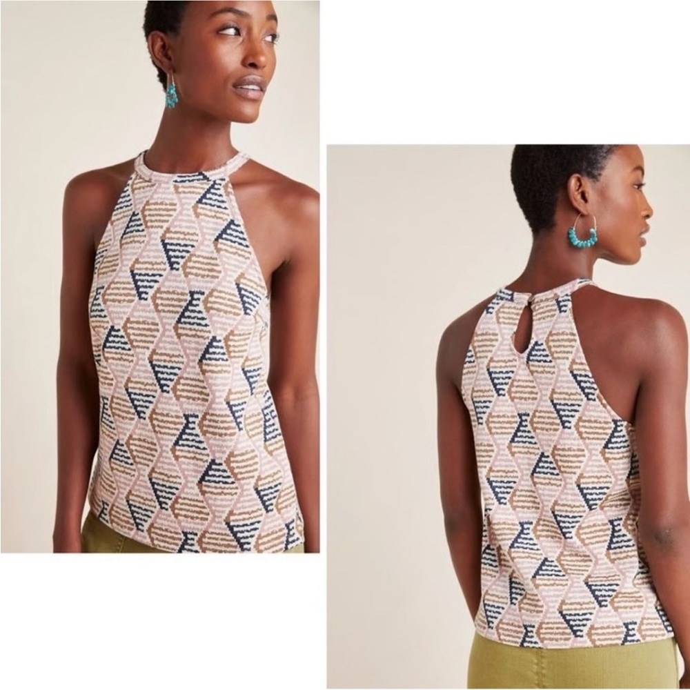 Anthropologie Geometric Halter Tank Top in Beige, Navy & Cream